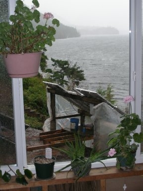 The array from inside the house, the lake in background.