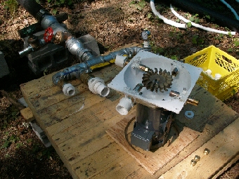 Under side of Harris pelton turbine.